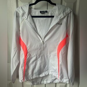 Fila white and hot pink zip up wind breaker with hood size L large